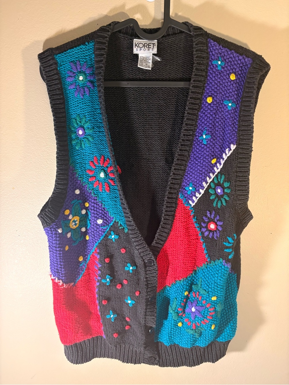 Koret Black Sweater Vest with Teal, Purple & Red Patchwork granny core vibes